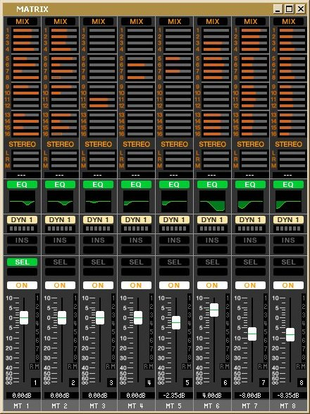 Yamaha M7CL의 매트릭스 믹서, 1~16번까지의 AUX 버스 또는 그룹 버스와 스테레오 버스 등을 MT1 ~ MT8의 출력으로 매트릭스 형식으로 라우팅이 가능하다.
